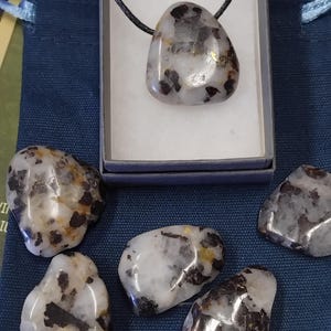 Peut inclure: Une collection de six pierres roulées blanches, grises et noires avec un collier en cordon noir. Les pierres ont un aspect moucheté avec des taches noires et dorées.