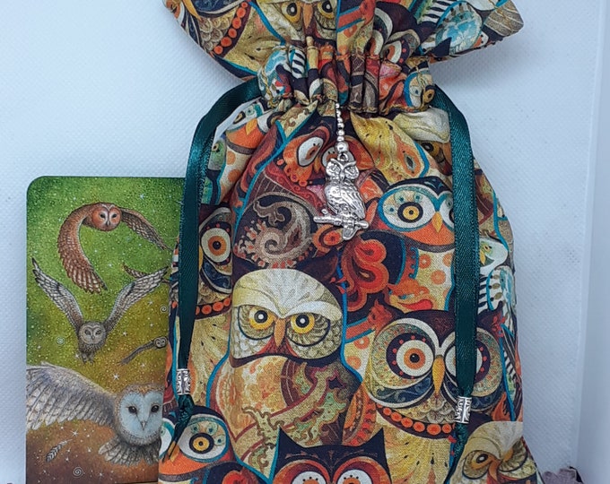 Deluxe Tarot - Oracle- cards pouch Bag, lined pouch, handmade -Charm- Beads- New Design- Owls