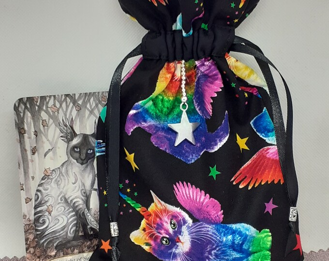 Deluxe Tarot cards pouch Bag, lined pouch, handmade Cats-Star Charm- Beads- New Design