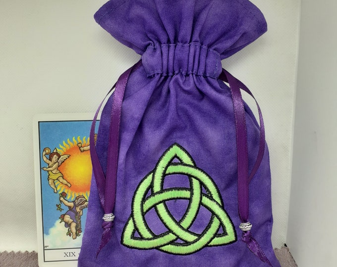 Deluxe Tarot cards pouch Bag, lined pouch, handmade -Embroidery- Triquetra -Tibetan Silver Beads- New Design