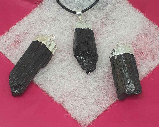 Black Tourmaline Silver Plated -Pendant- Black Cord -blocks psychic attack -Gift-Yourself- Friends-Family-Loved One-Gift Box