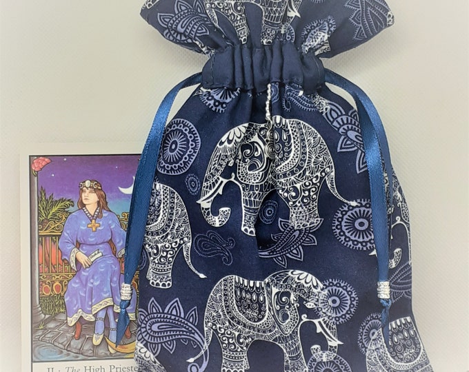 Deluxe Tarot cards pouch Bag, lined pouch, handmade -Elephant- Charm-Tibetan Silver Beads- New Design