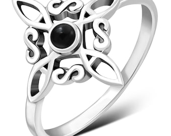 Ring Sterling Silver 925 - Witches Knot - Black Obsidian -New &quot;Goddess Collection&quot;- Multiple Sizes Available- Gift Box