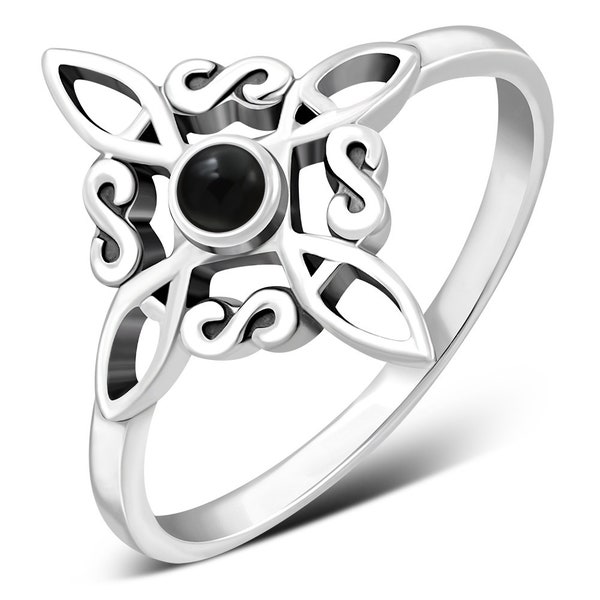 Bague en argent sterling 925 - Noeud de sorcière - Obsidienne noire - Nouvelle « Collection Déesse » - Plusieurs tailles disponibles - Boîte cadeau