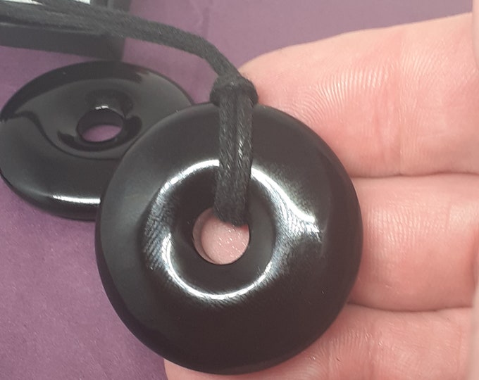 Black Obsidian-Donut-  40 mm -Black Cord-Creativity-stone of prosperity- NEW- Gift Box