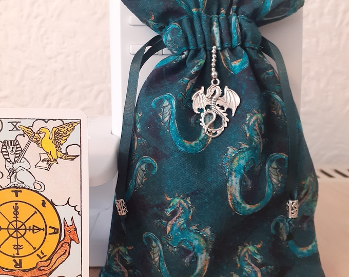 Deluxe Tarot cards pouch Bag, lined pouch, handmade -Dragon- Charm-Tibetan Silver Beads- New Design