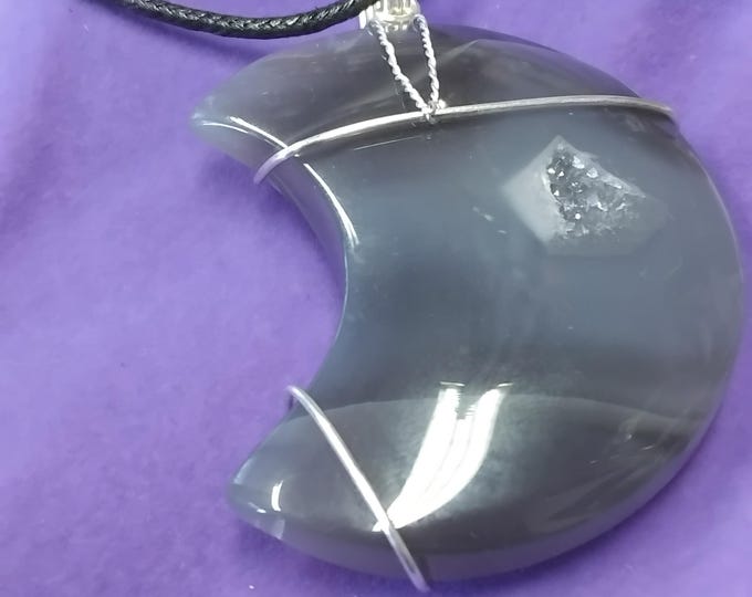 Agate-Drusy-Moon Pendant- Wire Wrapped-Black Cord-Creativity-Relaxation-Gift for Yourself- Friend-Loved One-Gift Box