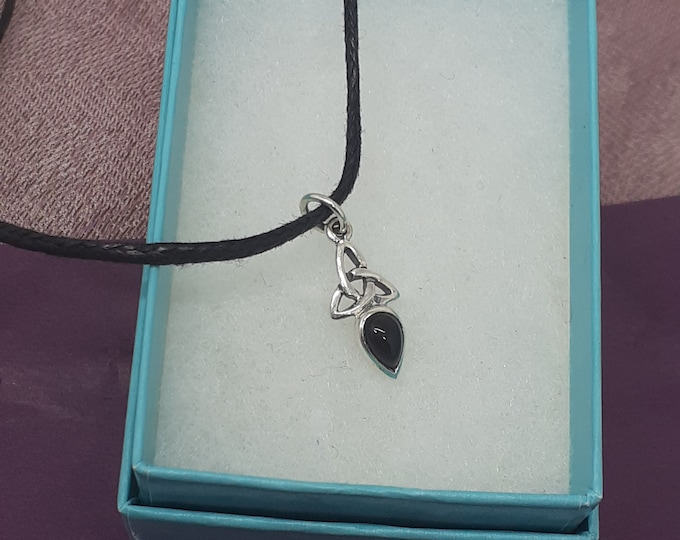 Black Obsidian Pendant -Sterling Silver 925 Pendant Small Celtic Trinity Knot "Goddess Collection" -Gift Box