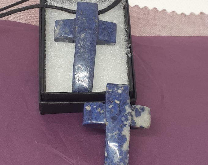 Cross Bevelled Dumortierite- "A" Grade -Pendant- Black Cord- Gift-Yourself- Friends-Family- Loved One- Gift Box