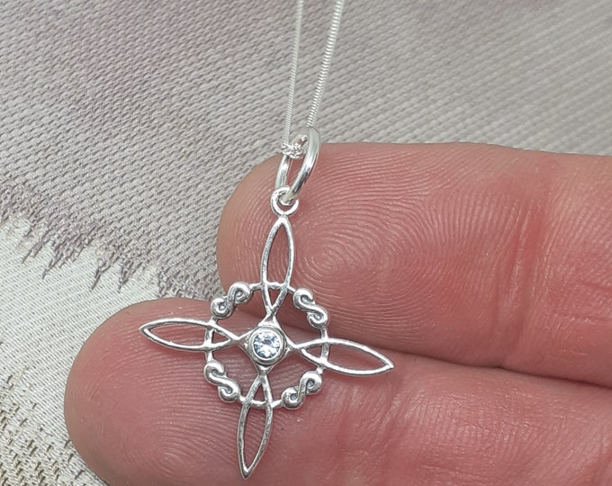 Blue Topaz-CZ -Witches Knot -Medium Pendant -Large Charm-Sterling Silver 925 - New "Goddess Collection"- Lovely Gift