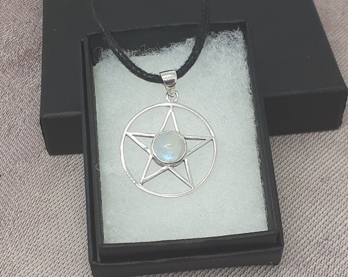 Rainbow Moonstone Pendant -Sterling Silver 925 Pendant Pentagram 25 mm -The "Goddess Collection" - Gift Box