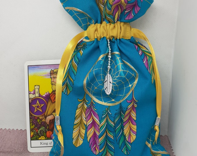 Deluxe Tarot - Oracle- cards pouch Bag, lined pouch, handmade -Dreamcatcher-Feather Charm- Beads- New Design