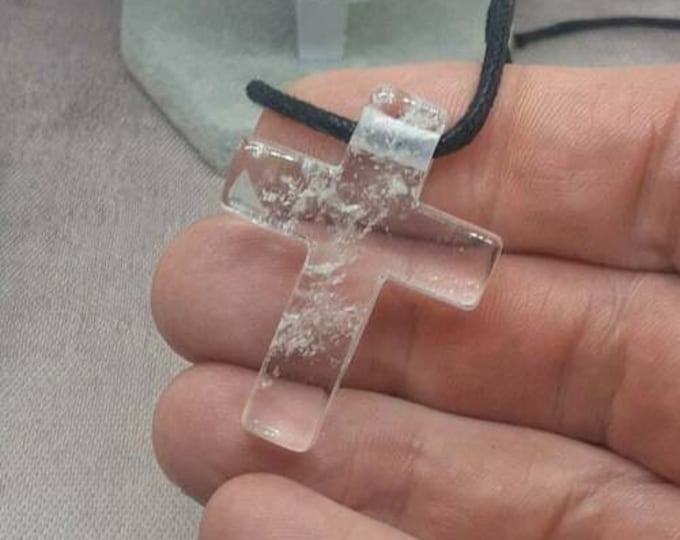 Reconstituted Crystal-Cross 41 mm long x 31 mm wide x 8 mm thick  -Pendant-  Black Cord- Gift Box- Gift Yourself- Friend- Family -Loved One