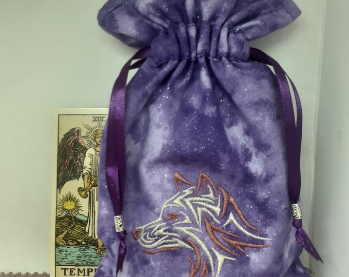 Deluxe Tarot cards pouch Bag, lined pouch, handmade -Embroidery- Wolf -Tibetan Silver Beads- New Design