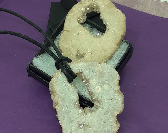 Freeform Druzy Slice Electroplated Natural Approx 55 x 40 mm-Black Cord-Gift for Yourself- Friend-Loved One-Gift Box