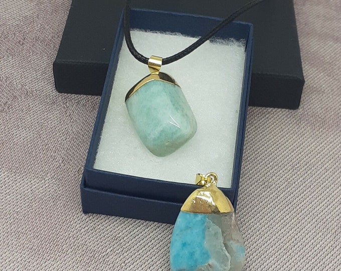 Amazonite - Gold Plated- Pendant-Black Cord -Gift-Yourself- Friends-Family-Loved One-Gift Box