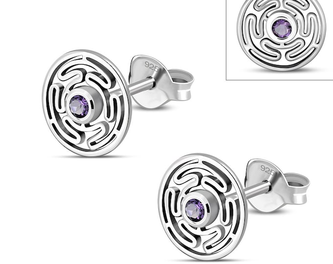 Hecates Wheel Earrings Amethyst Faceted Sterling Silver 925 Stud Earrings The "Goddess Collection" 10 mm-Gift Box