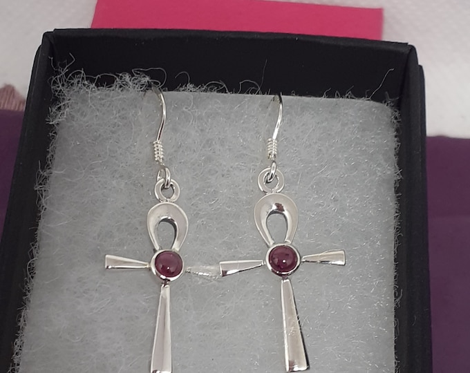 Garnet Ankh Drop Dangle Sterling 925 Silver  Earrings  "Goddess Collection" Lovely Gift Yourself Friends Family-Loved One