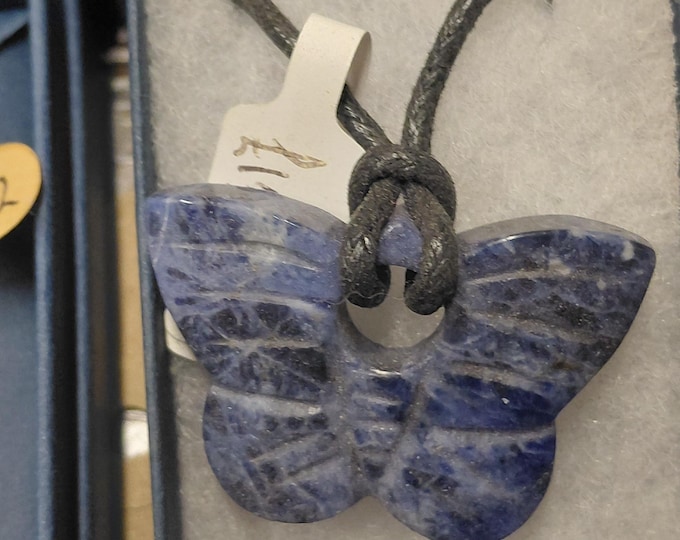Sodalite Butterfly Pendant: Black Cord Necklace, Gift Box