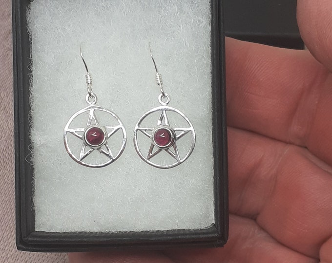 Garnet -Dangle-Drop -Pentacle Earrings Sterling Silver 925 - New "Goddess Collection"- Lovely Gift- NEW
