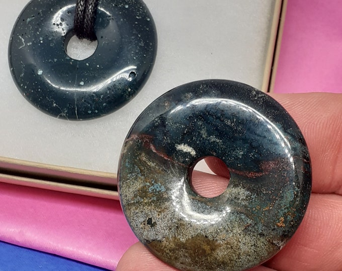 Bloodstone- 40 mm Donut Pendant- Black Cord- Perfect gift for yourself- a friend or a Loved one