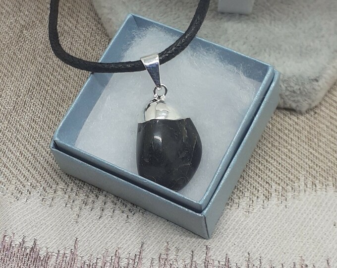 Black Onyx Silver Plated Tumblestone-Pendant- Black Cord -blocks psychic attack -Gift-Yourself- Friends-Family-Loved One-Gift Box