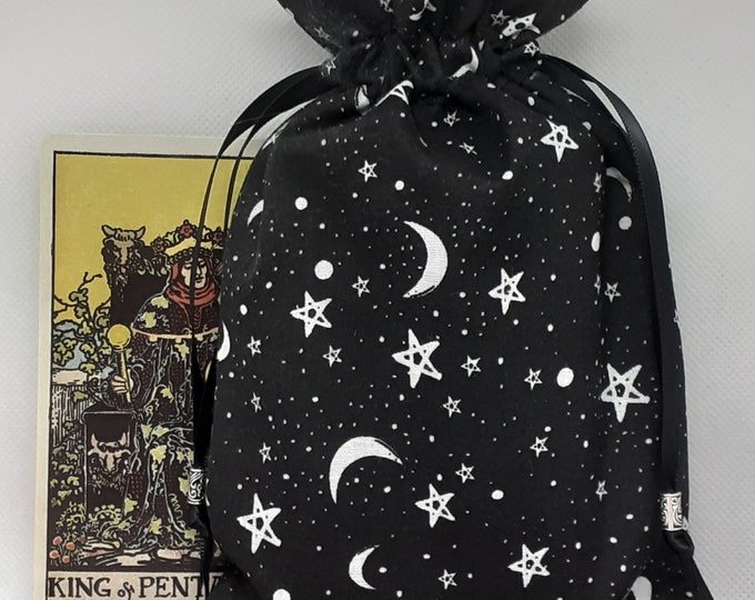 Tarot cards pouch Bag- lined -handmade - Black- Moon- Stars-  Cotton - Ribbon- Silver Coloured Beads