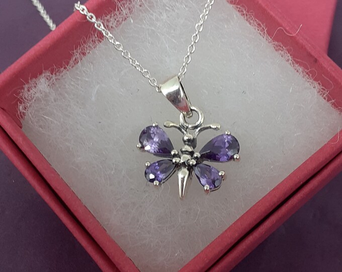 Butterfly Pendant -Sterling Silver 925 - The "Goddess Collection" -Faceted Amethyst CZ- 15 mm Gift- Yourself- Friends- Family- Loved One