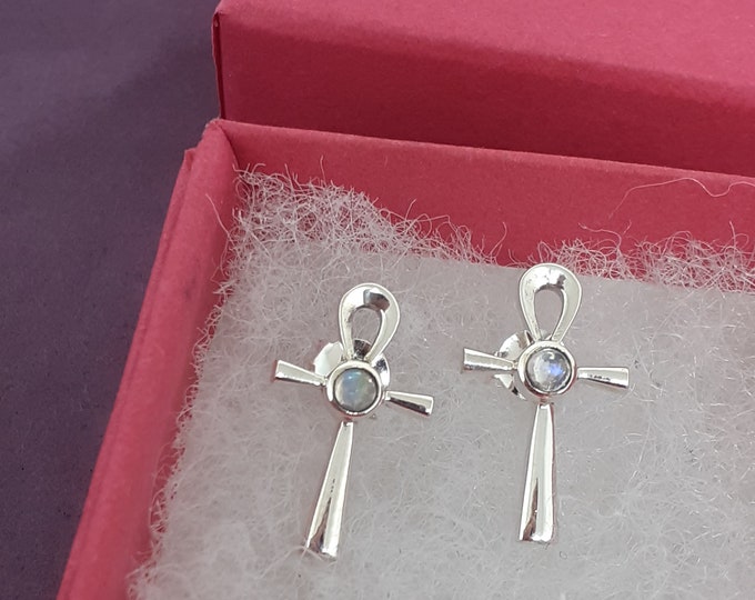 Rainbow Moonstone Ankh Stud Sterling 925 Silver Stud Earrings  "Goddess Collection" Lovely Gift Yourself Friends Family-Loved One