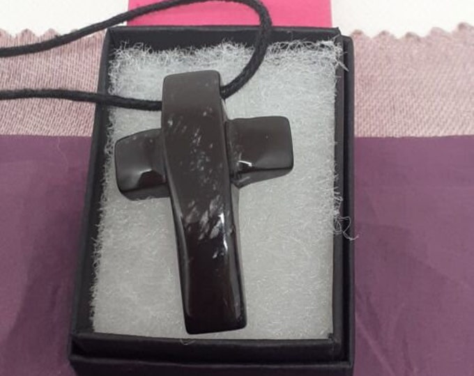 Cross Bevelled Black Onyx -Pendant- Black Cord- Gift-Yourself- Friends-Family- Loved One- Gift Box