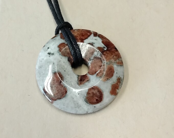 Garnet in Limestone -Donut -40 mm-  Black Cord- NEW- Gift Box