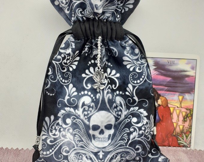 Deluxe Tarot cards pouch Bag, lined pouch, handmade -Skull-Rose Charm-Tibetan Silver Beads- New Design