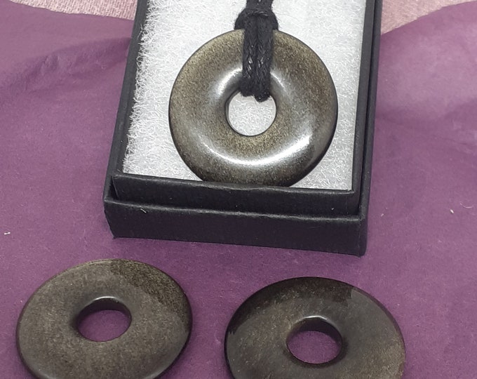 Goldsheen Obsidian-Donut-  30 mm -Black Cord-Creativity-stone of prosperity- NEW- Gift Box