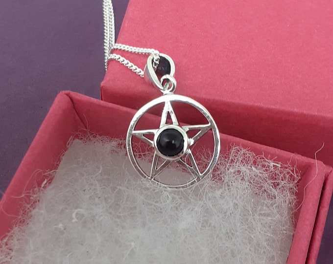 Pendant Sterling Silver 925 Small Pendant Pentagram "Goddess Collection" Black Obsidian- 14 mm