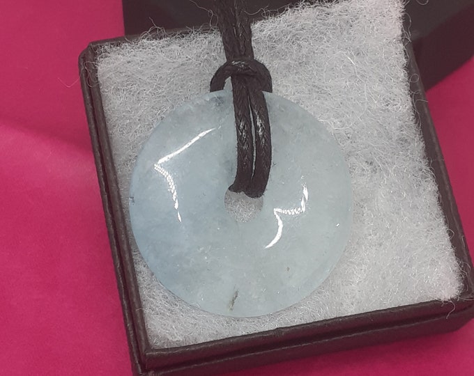 Aquamarine Donut - Black Cord- 30 mm - calmness of the mind- Gift- Yourselves-Friends-Family-Loved One-Gift Box