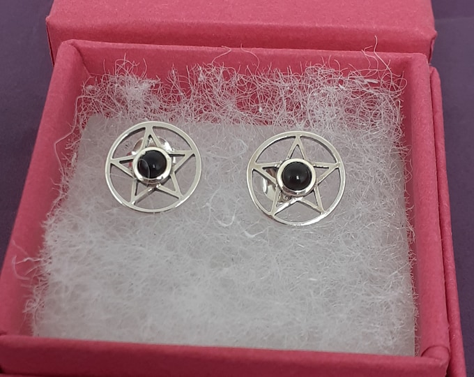 Earrings Sterling Silver 925 Stud Earrings The "Goddess Collection" Pentagram Black Obsidian 10 mm-Psychic abilities