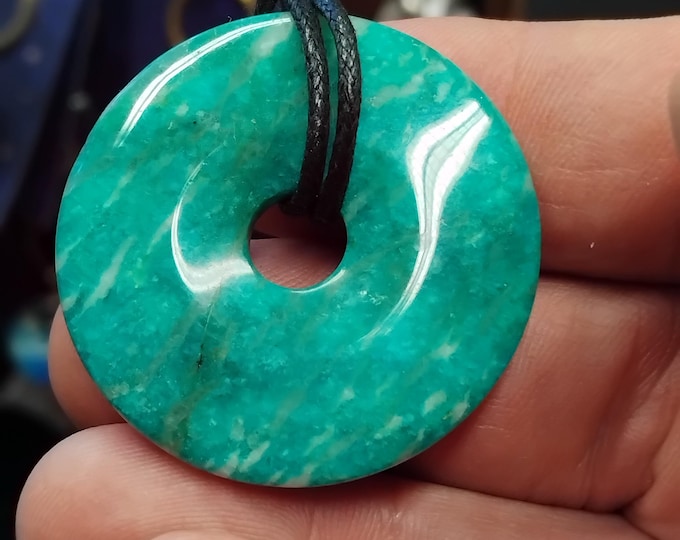 Amazonite-Donut -40 mm-  Black Cord-Gift-Yourself-Friends-Family-Loved One- NEW- Gift Box