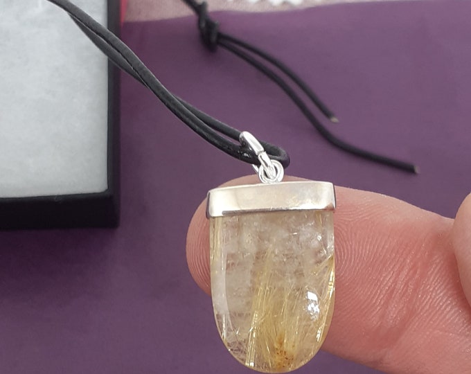Rutilated Quartz- Pendant-Handmade-Genuine Black Leather Cord-Silver 925 Jump Ring-Gift Box
