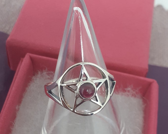 Garnet Pentacle Ring-Sterling Silver 925-The "Goddess Collection" Multiple Sizes Available- US -UK- NEW