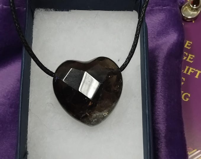 Smokey Quartz-Faceted-25 mm-Heart-Pendant- Black Cord-Gift-Yourself-Friends-Family-Loved One- NEW- Gift Box