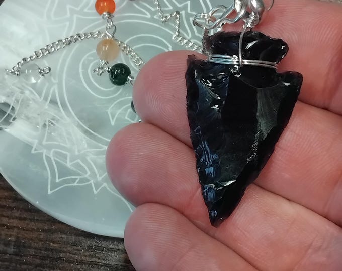 Pendulum- Handmade- Black Obsidian Arrowhead- Chakra Chain- Gift Box- Friends- Family-Loved One