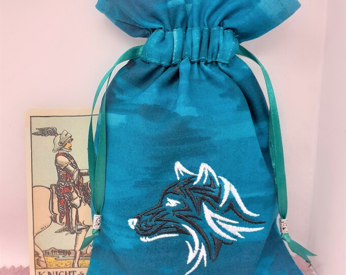 Deluxe Tarot cards pouch Bag, lined pouch, handmade -Embroidery- Wolf -Tibetan Silver Beads- New Design