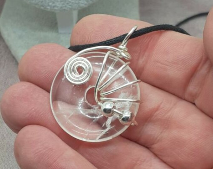 Clear Quartz Donut -30 mm-Silver Plated Holder- Black Cord-Gift for Yourself- Friend-Loved One-Gift Box