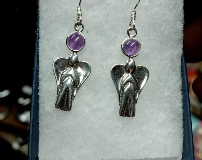 Earrings -Sterling Silver 925 - Guardian Angel - 25 mm - "Goddess Collection" -Amethyst-Gift Box-Gift-Yourself-Friends-Family-Loved One