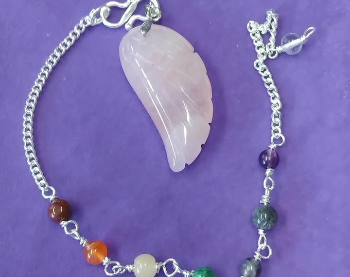 Pendulum- Handmade- Rose Quartz Angel Wing- Chakra Chain- Gift Box- Friends- Family-Loved One