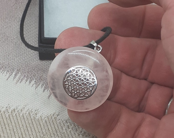 Rose Quartz Donut -25 mm-Silver Plated Flower of Life Holder- Black Cord-Gift for Yourself- Friend-Loved One-Gift Box