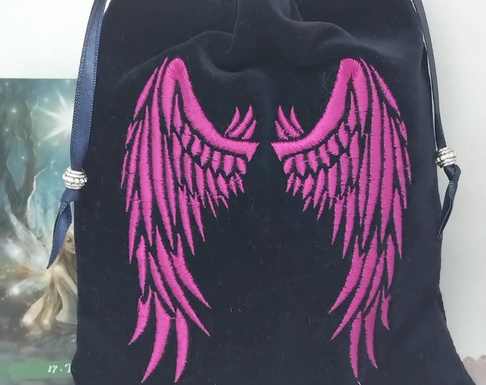 Deluxe Velvet Tarot cards pouch Bag, lined pouch, handmade -Embroidery- Angel Wings -Tibetan Silver Beads- New Design
