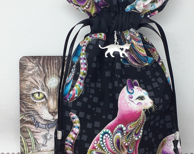 Deluxe Tarot cards pouch Bag, lined pouch, handmade -CAT- Charm-Tibetan Silver Beads- New Design