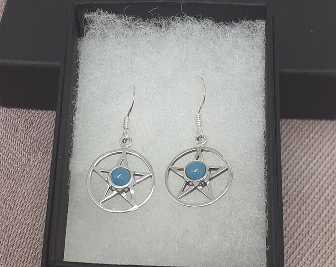 Blue Onyx -Dangle-Drop -Pentacle Earrings Sterling Silver 925 - New "Goddess Collection"- Lovely Gift- NEW