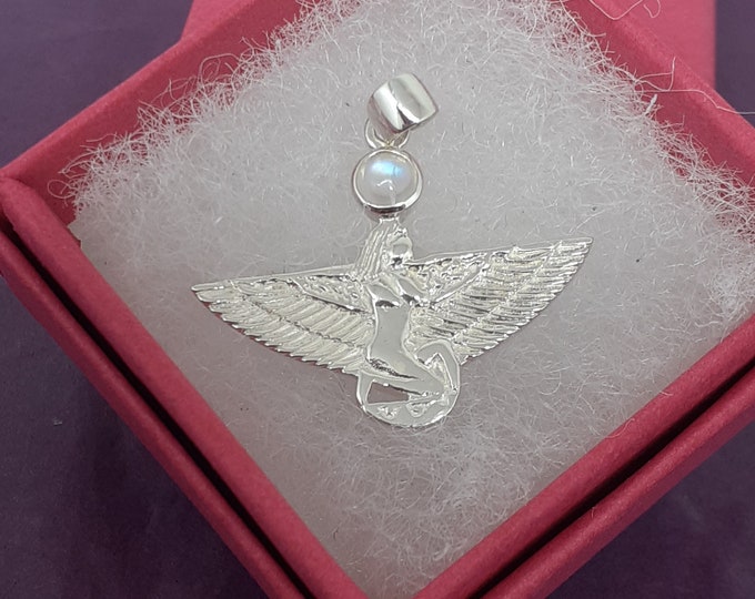 Rainbow Moonstone Pendant -Sterling Silver 925 Pendant Winged Isis - The "Goddess Collection"  25 mm -"new beginnings”-Gift Box